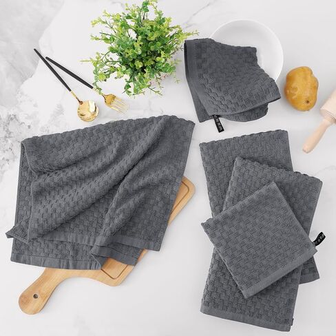Fintale 100% Cotton Kitchen Towels and Dishcloths Set, 12 x 12 & 15 x 25 Inches, Set of 8 Bulk Super Soft and Absorbent Terry Cloth Dish Towels, Quick Drying Hand Towels with Hanging Loop, Dark Grey in Saudi Arabia