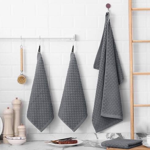 Fintale 100% Cotton Kitchen Towels and Dishcloths Set, 12 x 12 & 15 x 25 Inches, Set of 8 Bulk Super Soft and Absorbent Terry Cloth Dish Towels, Quick Drying Hand Towels with Hanging Loop, Dark Grey in Saudi Arabia