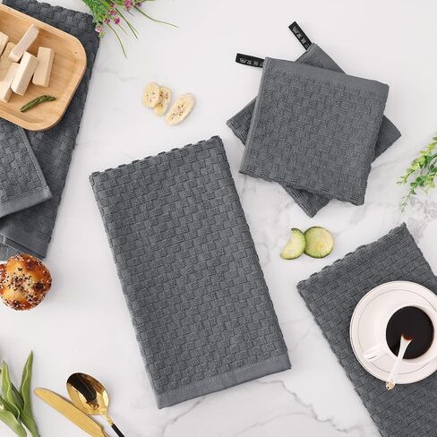 Fintale 100% Cotton Kitchen Towels and Dishcloths Set, 12 x 12 & 15 x 25 Inches, Set of 8 Bulk Super Soft and Absorbent Terry Cloth Dish Towels, Quick Drying Hand Towels with Hanging Loop, Dark Grey in Saudi Arabia