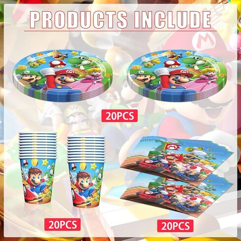 60 قطعة من مجموعات أدوات مائدة ماريو، تتضمن لوازم حفلات أعياد ميلاد ماريو 20 قطعة من الأطباق الورقية مقاس 9 بوصات، و20 قطعة منديل، و20 قطعة من الأكواب الورقية لديكورات حفلات ماريو in Kuwait