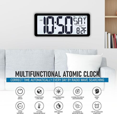 TXL Atomic Clock with Backlight, 14.2" Large Digital Wall Clock Battery Operated, Digital Clock Large Display with Day, Date & Temperature, Large Wall Clock for Bedroom, Livingroom, Office in Kuwait
