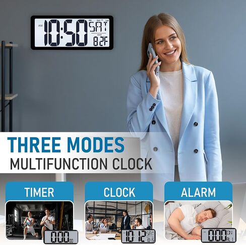 TXL Atomic Clock with Backlight, 14.2" Large Digital Wall Clock Battery Operated, Digital Clock Large Display with Day, Date & Temperature, Large Wall Clock for Bedroom, Livingroom, Office in Kuwait