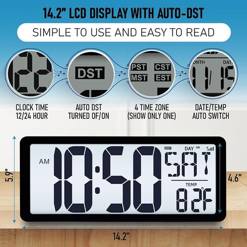 TXL Atomic Clock with Backlight, 14.2" Large Digital Wall Clock Battery Operated, Digital Clock Large Display with Day, Date & Temperature, Large Wall Clock for Bedroom, Livingroom, Office in Kuwait
