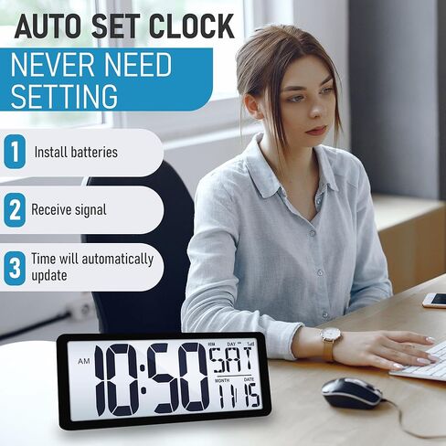 TXL Atomic Clock with Backlight, 14.2" Large Digital Wall Clock Battery Operated, Digital Clock Large Display with Day, Date & Temperature, Large Wall Clock for Bedroom, Livingroom, Office in Kuwait