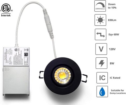 YUURTA 3 Inch 8W 5CCT LED Gimbal Downlight (Pot Light) Color Selectable: 2700K/3000K/3500K/4000K/5000K 120V Dimmable Recessed Rotatable Light Panel ETL Listed IC Rated (Black, 5CCT, 10-Pack) in Saudi Arabia