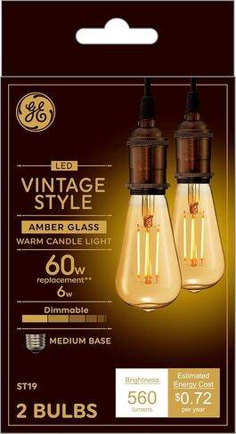 GE Vintage Style LED Light Bulbs, 60 Watt, Clear Finish, ST19 Edison Style Bulbs (2 Pack) in Saudi Arabia