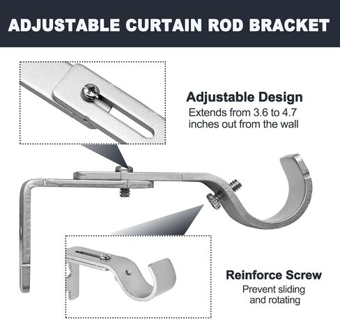 2Pcs Adjustable Curtain Rod Brackets, Metal Curtain Rod Holders Heavy Duty Window Curtain Rod Support Hanger Window Hardware for 1 Inch Rod (Silver) in Saudi Arabia
