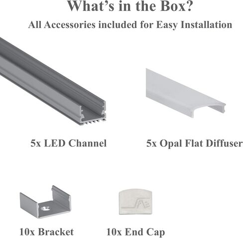 LEDPROFILES 5-pack 8ft (2.4Meter) Spotless LED Aluminum Channel with Frosted Flat Diffuser, End Caps and Mounting Accessories - 961 Series - LED Profile Extrusion Upto 16mm/0.63" wide LED Strip Lights in Saudi Arabia