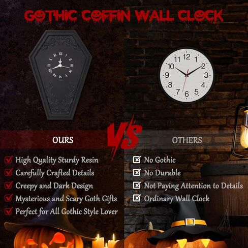 ساعة حائط BlissfulAbode Coffin - ديكور منزلي قوطي - راتنج أسود باروكي Steampunk، لوحة فيلم مخيف، هدية فريدة لجميع محبي الرعب القوطي، البديل، (بطارية AA غير متضمنة) in Kuwait