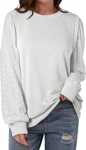 EVALESS Sweatshirt for Women Casual Long Sleeve Hollow Out Lace Embroidered Pullover Tops Loose Fit Crewneck Shirts in Saudi Arabia