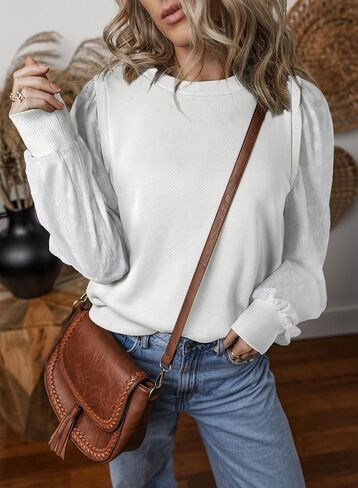 EVALESS Sweatshirt for Women Casual Long Sleeve Hollow Out Lace Embroidered Pullover Tops Loose Fit Crewneck Shirts in Saudi Arabia
