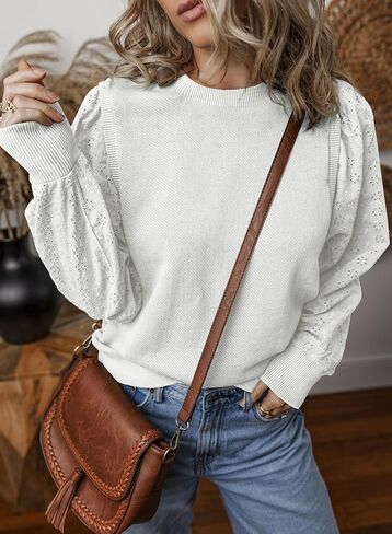 EVALESS Sweatshirt for Women Casual Long Sleeve Hollow Out Lace Embroidered Pullover Tops Loose Fit Crewneck Shirts in Saudi Arabia