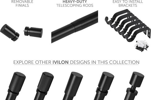 Ivilon Curtain Rods for Windows - Stepped End Cap, 1 inch Diameter, Telescoping Adjustable Curtain Rod, 72 to 144 Inches. Color Black in Saudi Arabia