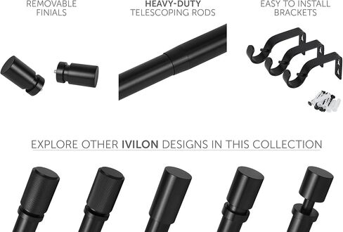 Ivilon Curtain Rods for Windows - Stepped End Cap, 1 inch Diameter, Telescoping Adjustable Curtain Rod, 72 to 144 Inches. Color Black in Saudi Arabia