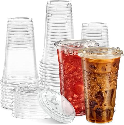 ELEGANT DISPOSABLES 24 oz. Clear Cups with Straw less Sip-Lids, PET Crystal Clear Disposable 24 oz Plastic Coffee Cups with Lids [50 Sets] in Saudi Arabia