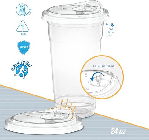 ELEGANT DISPOSABLES 24 oz. Clear Cups with Straw less Sip-Lids, PET Crystal Clear Disposable 24 oz Plastic Coffee Cups with Lids [50 Sets] in Saudi Arabia
