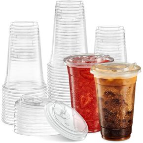 ELEGANT DISPOSABLES 24 oz. Clear Cups with Straw less Sip-Lids, PET Crystal Clear Disposable 24 oz Plastic Coffee Cups with Lids [50 Sets]