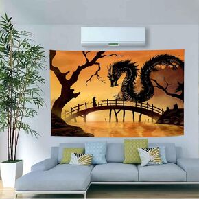 Aidatain Japanese Dragon Tapestry Anime Samurai Tapestry Japanese Style Wall Hanging Ink Landscape Backdrop Flannel Fabric 80"x60" for Living Bedroom Dinning Room College Dorm GTZYAT035