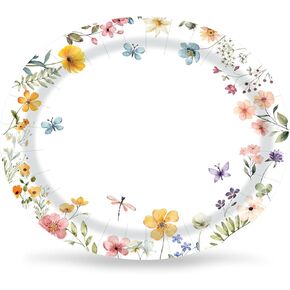 50Pcs Wildflower Oval Paper Plates - 10" x 12" Large Floral Flower Disposable Party Plates for Spring Baby Shower Birthday Bridal Shower Party Supplies…