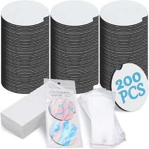 Tioncy 400 Pcs Sublimation Car Coaster Blank Set, 200 Pcs 2.76'' Blank Sublimation Coaster 100 Self Adhesive Bag 100 Sublimation Car Coaster Display Card for Thermal Sublimation DIY Craft (White)