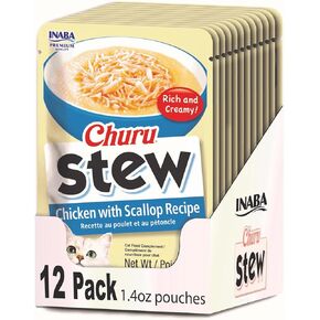 INABA Churu Stew for Cats, Creamy Broth Gelée with Shredded Chicken Side Dish Pouch, 1.4 Ounces per Pouch, 12 Pouches Total, Chicken & Tuna Variety