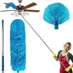 100 Inch Cobweb Duster, Spider Web Brush & Microfiber Feather Duster with 100" Extension Pole, Bendable Head, Scratch-Resistant Cover, Washable Duster for Home Ceiling, Fan, Furniture (Blue)