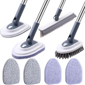 4 in 1 Shower Scrubber Cleaning Brush with Long Handle Shower Bathtub Tub and Tile Scrubber Brush Detachable Bristles Scrub Brush for Cleaning Bathtub Shower Bathroom Kitchen Floor