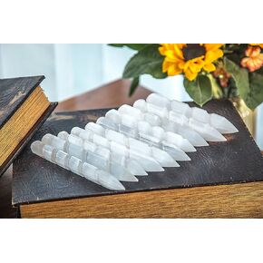 JIC Gem 10 pc Selenite Round Sticks Wands Natural Rough Crystal Stone Specimen for Reiki Chakra Healing Home Decor 15-16 cm