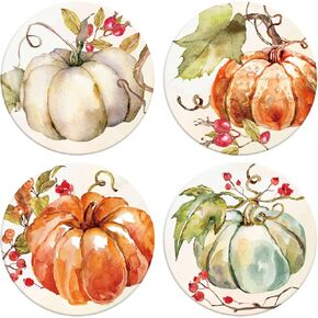 Whaline Fall Pumpkin Coaster Autumn Round Drink Coasters Absorbent Natural Ceramic Coasters Pumpkin Cup Mat for Mugs Cups Home Kitchen Office Thanksgiving Party Table Decoration Supplies, 4 Pack