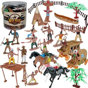 PowerTRC Wild West Native American Indians and Cowboy Playset | 58 Pieces Plastic Toy Figure Soldiers and Props | Western Theme Bundle | Great Gift for Boys and Girls Ages 3 and Up