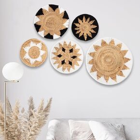 Boho Wall Basket Decor with Intricate Macrame Woven Design - Handmade Set of 5 - Seagrass Rattan Wicker Round Basket - Decorative Basket wall decor For Home, Office, Kitchen, Farmhouse, & Living Room