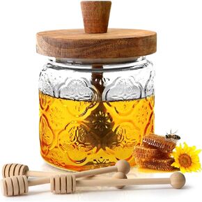 Glass Honey Dispenser No Drip with 3 Wooden Dippers, 18 Oz Oversize Glass Honey Jar with Lid and Engraved Wooden Honey Trowel-Jar Set Honey Pot/Containers with Wooden Honey Dipper Thank You Gift