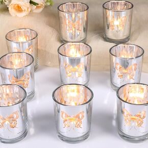 Gold Votive Candle Holders Set, 12 PCS Tea Lights Candle Holder Decorative Bulk with Butterfly Pattern, Candle Holders for Wedding Table, Birthday, Home Decor, Party Supply
