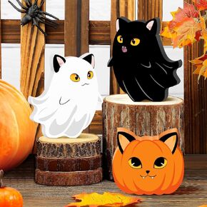 Halloween Cat Ghost Wooden Signs Pumpkin Decor, 3PCS Cute Halloween Table Signs Pumpkin Black Cat Freestanding Decorative Signs, Halloween Tiered Tray Centerpiece Indoor Home Decorations