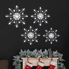 Hicarer 4 Pcs 12" 10" 8" Snowflake Metal Wall Art Rhinestones 3D Wall Decor Christmas Silver Hanging Metal Artwork Wall Decor Glitter Crafts Snowflake Wall Decorations for Home Living Room Office