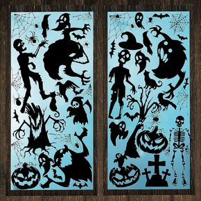 WALPLUS Halloween Window Clings Halloween Decorations Clearance Double-Sided Reusable Peel and Stick Removable For Glass Living Room Nursery Room Home Office Halloween Black Spooky Creatures 60 pieces