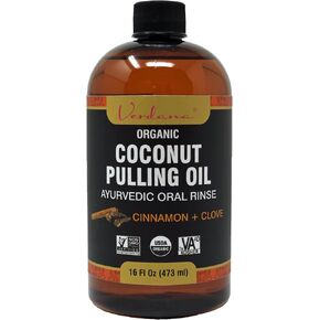 Verdana Organic Coconut Pulling Oil – Big 32 Fl Oz Size – Cinnamon + Clove - Ayurvedic Mouthwash Oral Rinse – USDA Organic, Kosher Non-GMO - Alcohol & Floride Free for Fresh Breath, Healthy Teeth
