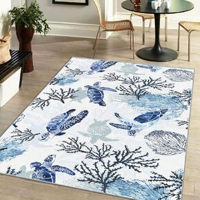 Coastal Rug Nautical Rug for Bedroom Living Room, Soft Low Velvet Carpet, Washable Beach Rug Ocean Rugs Beach Area Rug Modern Blue Sea Turtle, 2x3