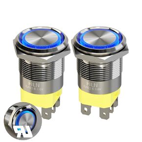 20 Amp 22 mm (7/8'') 2-Piece Latching High Current Pushbutton Switch 110V DC Switch with Red LED Self-Locking Pushbutton with Corded Receptacle Plug (Red/Stainless Steel Latching)