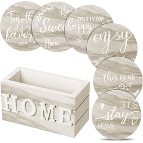 Queekay Housewarming Gifts for Home Decoration Wooden Heart Coasters for Drinks Set of 6 Farmhouse Coasters with Holder Funny for Coffee Table Protection, 4 Inch（Brown Marble）