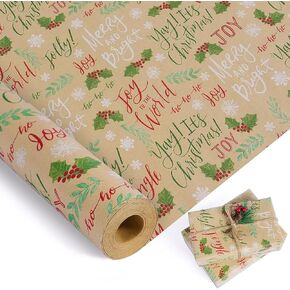 KESTAR Christmas Wrapping Paper Roll, Green Red White Kraft Wrapping Paper, 17 Inch x 49 Feet, Greeting Letters, Snowflake Design Gift Wrapping Paper for Xmas New Year Winter Holiday (69.4 sq.ft.ttl)