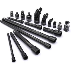 CASOMAN 18-Piece Drive Tool Accessory Set, Premium CR-V Steel with Black Phosphate Finish, Includes Socket Adapters, Extensions and Universal Joints and Impact Coupler, Professional Socket Accessories