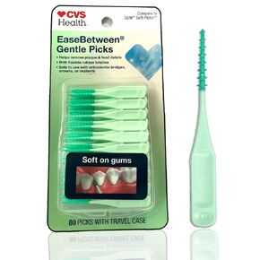 CVS Health 80pc Premium Quality Soft Bristle EaseBetween Gentle Picks Flexible Rubber Bristles Safe On Braces Bridges Crowns Implants - Includes Convenient Travel Case