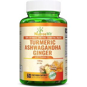 Organic Turmeric Ashwagandha Ginger Vitamin D3-60 Capsules - Extra Strength Ashwagandha Root Turmeric Supplement Immune Support - Ashwagandha Supplements with Natural Ginger and Turmeric