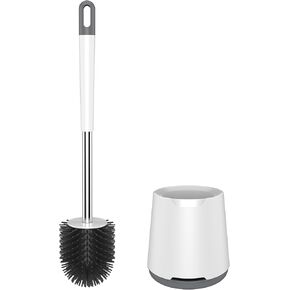 Toilet Brush and Holder Set, Silicone Toilet Bowl Brush with Stainless Steel Handle, Flexible Toilet Cleaner Brush with Ventilated Slots Base for Bathroom Toilet Cleaning without Drilling