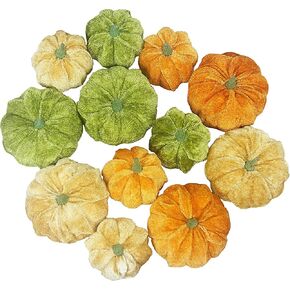 CFDECOR Pumpkin Decor Artificial Fake Velvet Handmade Small Pumpkins Set of 12, Ideal for Fall Harvest Halloween Table Centerpiece Thanksgiving Party Decoration (Orange Gold Blue)