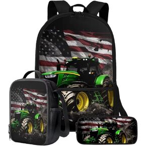 Talayituse Tractor American Flag Pattern School Backpack for Teens Girls Boys, 3-in-1 Kids Backpack Bookbag Set School Bags with Lunch Box Pencil Case