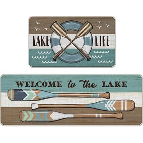 مجموعة سجاد المطبخ من Lake Life Spring Summer Boat Paddle مكونة من قطعتين، مرحبًا بكم في سجادات المطبخ المشارب على بحيرة Lakehouse، سجادة باب أرضية المزرعة ديكورات منزلية - 17x29 و17x47 بوصة