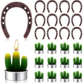 Junkin 24 Pcs Western Theme Party Decorations Birthday Table Centerpieces Mini Cactus Candles Horseshoes Wagon Wheels Horse Rodeo Decor for Crafts Wedding Party Favor (Cactus Candles, Wagon Wheels)