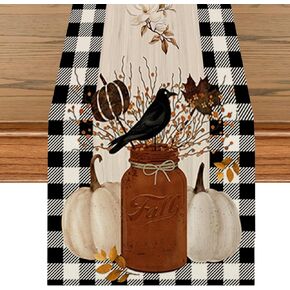 Buffalo Plaid Pink Pumpkin Fall Table Runner, Autumn Kitchen Dining Table Decoration Marson Jar Eucalyptus Leaves for Home Party Decor 13x72 Inch